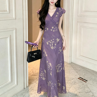 Mimo dk 暮紫花庭'法式紫色碎花小飞袖连衣裙女春夏蕾丝掐腰长裙