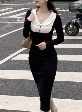 Mimo dk复古优雅气质拼色减龄收腰显瘦修身娃娃领长袖针织连衣裙