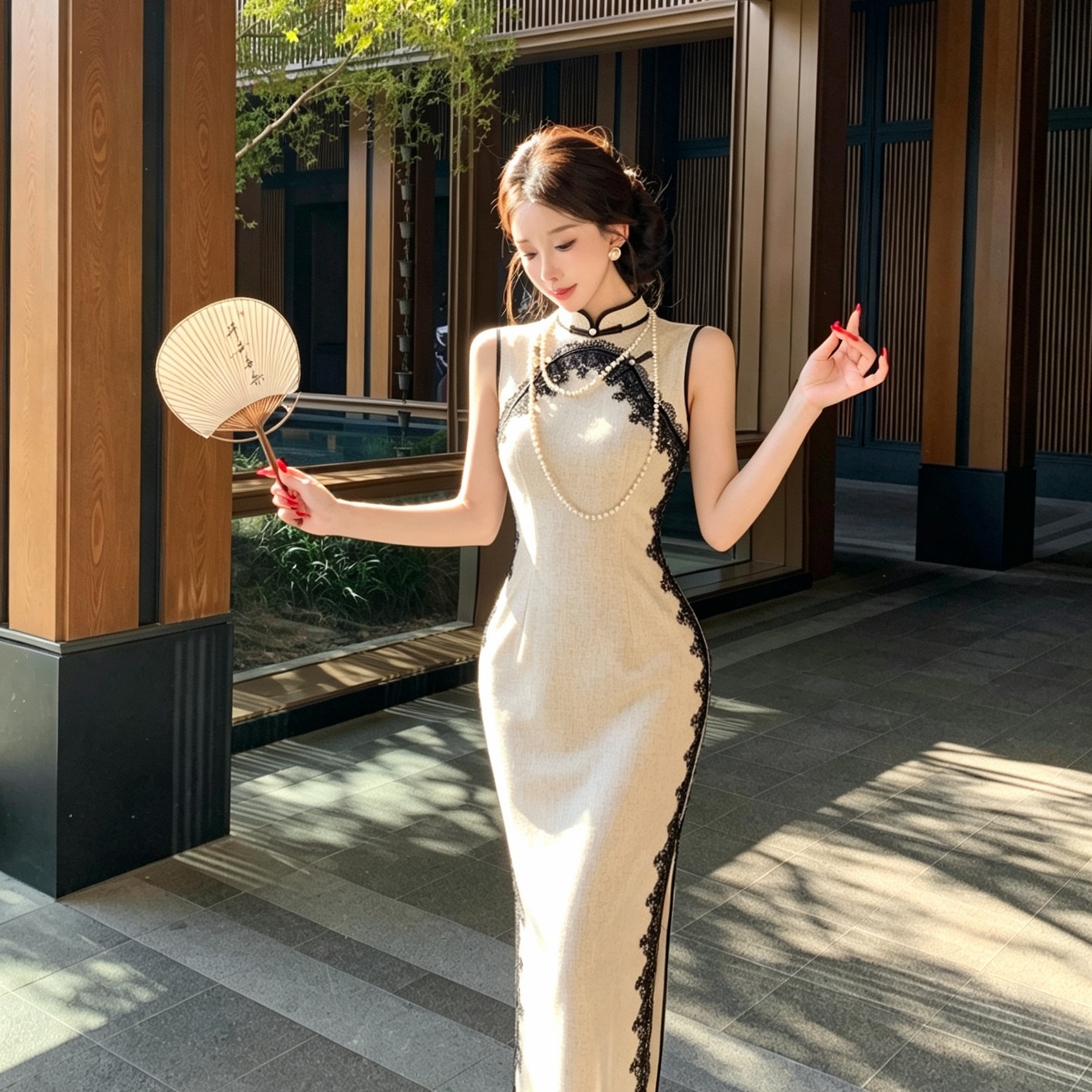 Mimo dk新中式国风复古蕾丝拼接杏色旗袍女千金风修身气质连衣裙