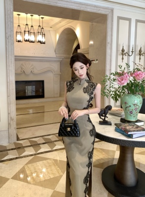 Mimo dk新中式国风港工蕾丝拼接改良旗袍裙小众设计气质连衣裙女