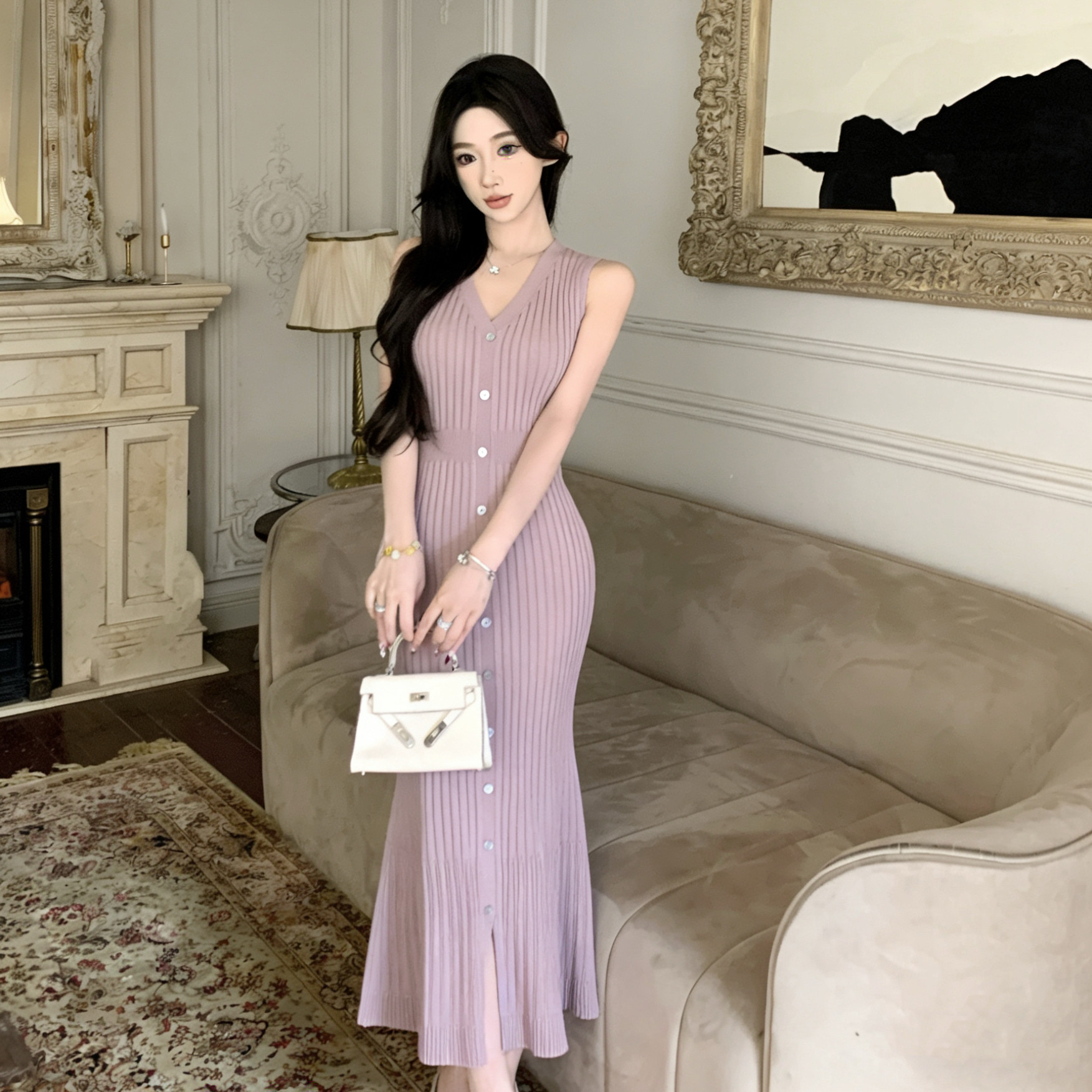 气质V领无袖鱼尾连衣裙女夏季修身收腰长款背心针织包臀裙长裙