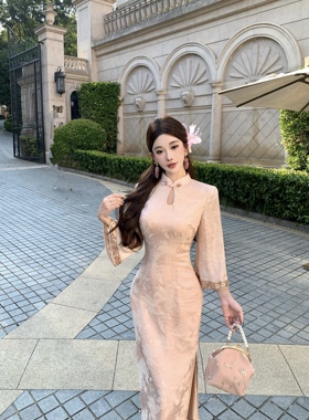 Mimo dk【甜月香】新中式珠光提花改良旗袍女早秋立领镂空连衣裙