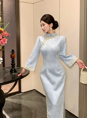 Mimo dk新中式国风秋冬麂皮绒珠链蕾丝旗袍温柔连衣裙 婴蓝太太