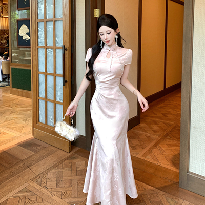 Mimo dk温柔新中式立领粉色提花收腰国风旗袍鱼尾连衣裙步步生莲