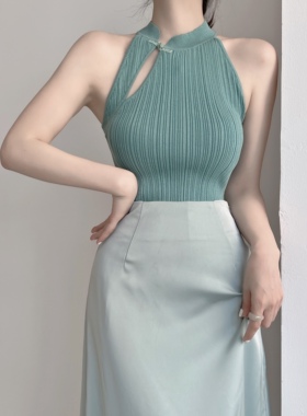 Mimo dk新中式盘扣针织吊带背心女夏复古紧身显瘦削肩旗袍领上衣