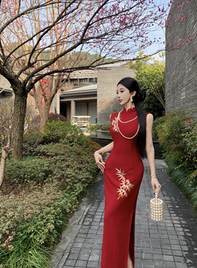 敬酒服新娘港工无袖红色订婚新中式刺绣金竹子旗袍结婚连衣裙春夏