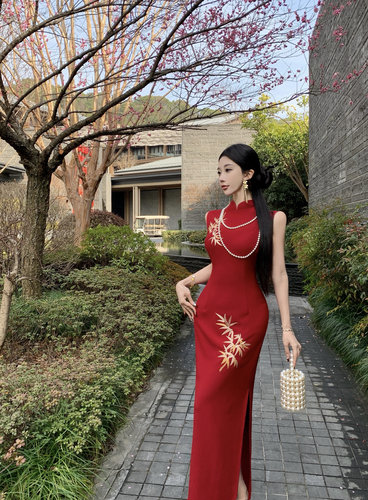 敬酒服新娘港工无袖红色订婚新中式刺绣金竹子旗袍结婚连衣裙春夏