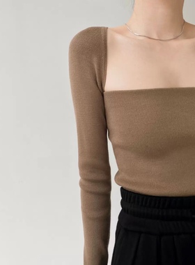 Mimo dk纸片人秋气质法式复古方领露锁骨修身显瘦针织衫内搭上衣