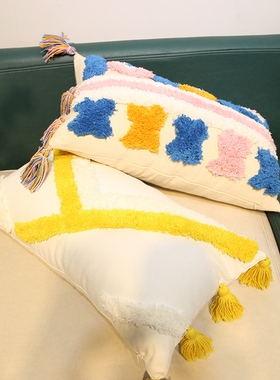 几何刺绣护腰抱枕绣花簇绒手工靠垫田园风长方形沙发枕民宿酒店