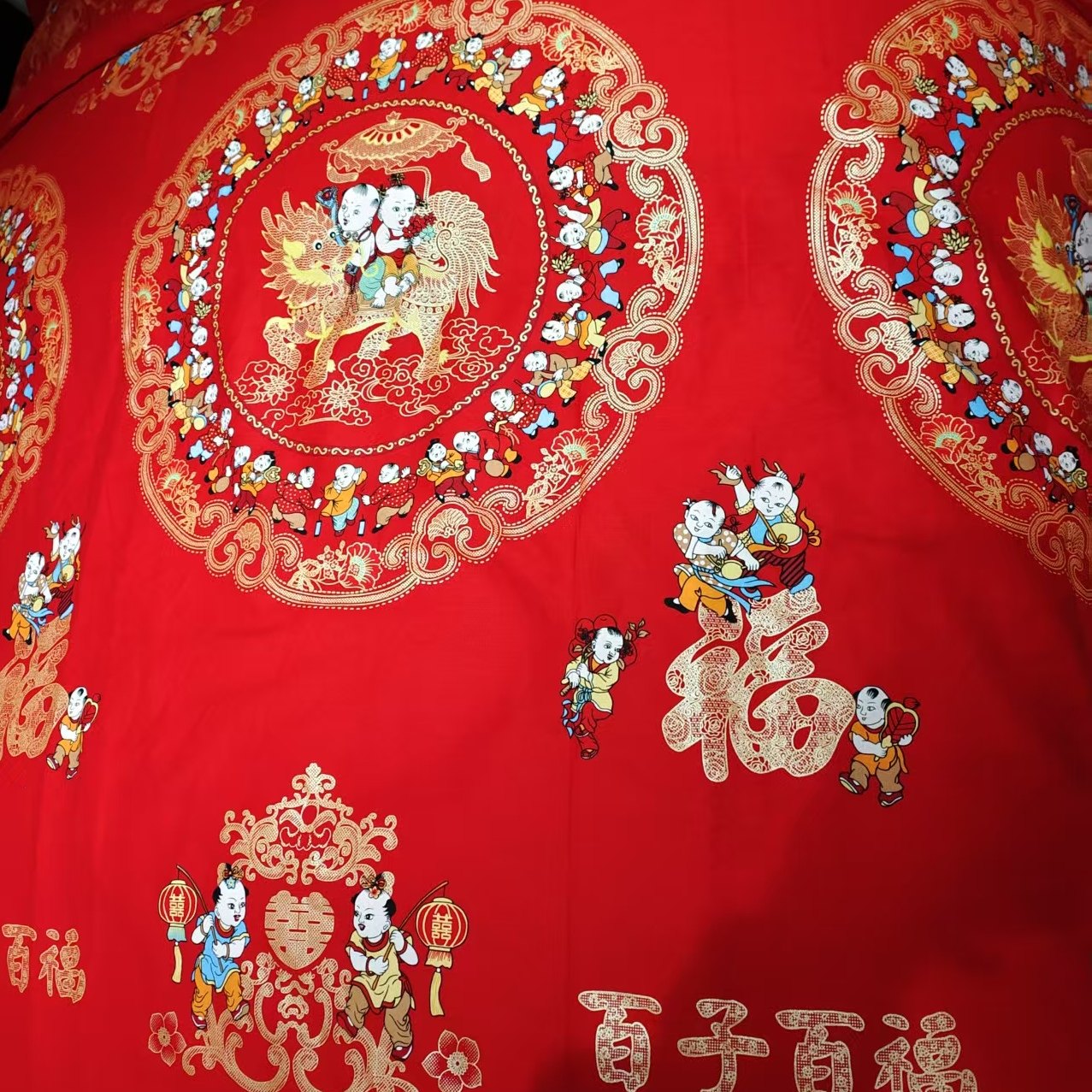 全棉龙凤百子图被套全棉布料纯棉中式结婚庆百子四件套正大红床单