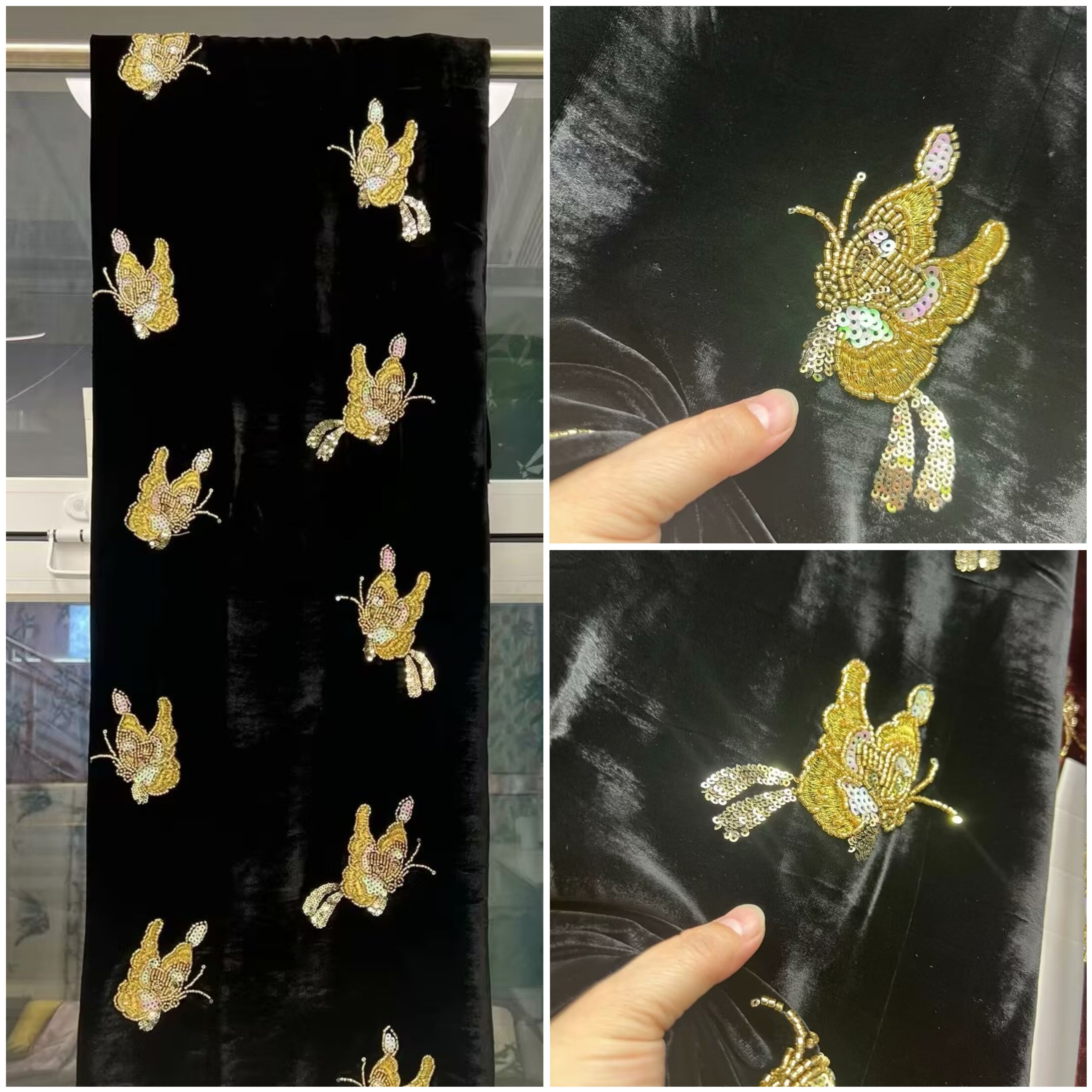 真丝丝绒亮片重工刺绣面料桑蚕丝连衣裙子旗袍汉服中国风服装布料