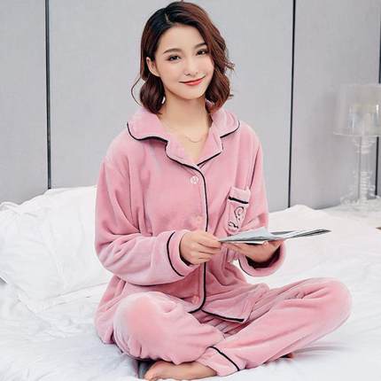 秋冬睡衣女士法兰绒加厚加绒中老年大码珊瑚绒套装冬季长袖家居服