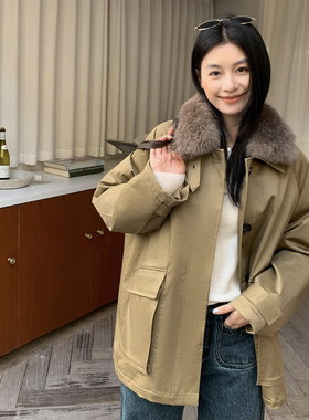 2026年春秋新款羊毛领工装派克服羽绒服女中长款立领保暖毛领外套