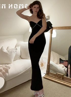 ANNHOME白安家 法式优雅性感度假风黑色重工礼服吊带连衣长裙