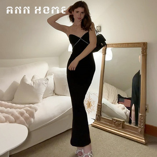 ANNHOME白安家 法式优雅性感度假风黑色重工礼服吊带连衣长裙