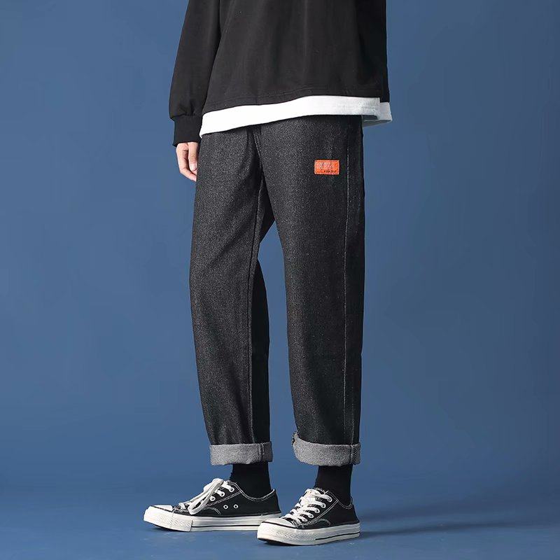 Hong Kong Style label straight tube Wide Leg Jeans trendy jeans men's fashion brand versatile elastic waist loose pants