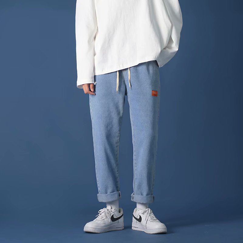 Neutral jeans elastic waist college fashion brand loose student Japanese Korean popular street retro dad pants