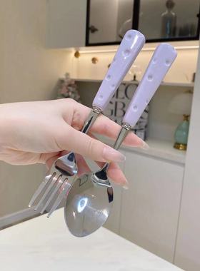 304不锈钢叉子勺子套装竹节造型陶瓷手柄家用学生创意餐叉餐勺