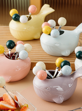 创意鲸鱼304不锈钢水果叉套装家用儿童安全果签蛋糕甜点叉可爱