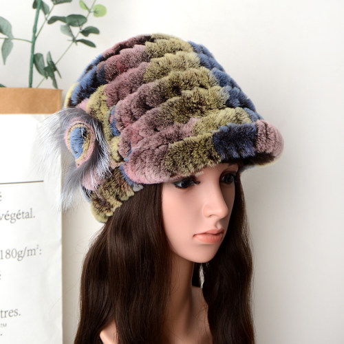 真獭兔毛编织加厚花朵皮草护耳帽