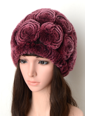 正品新款秋冬季獭兔真皮保暖兔毛皮草帽子花帽女士加厚毛线帽子