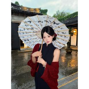 春秋季新中式酒红色旗袍披肩女外搭针织绍兴苏州古镇旅游拍照穿搭