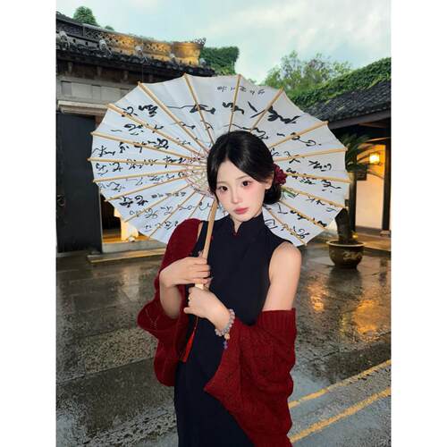 春秋季新中式酒红色旗袍披肩女外搭针织绍兴苏州古镇旅游拍照穿搭