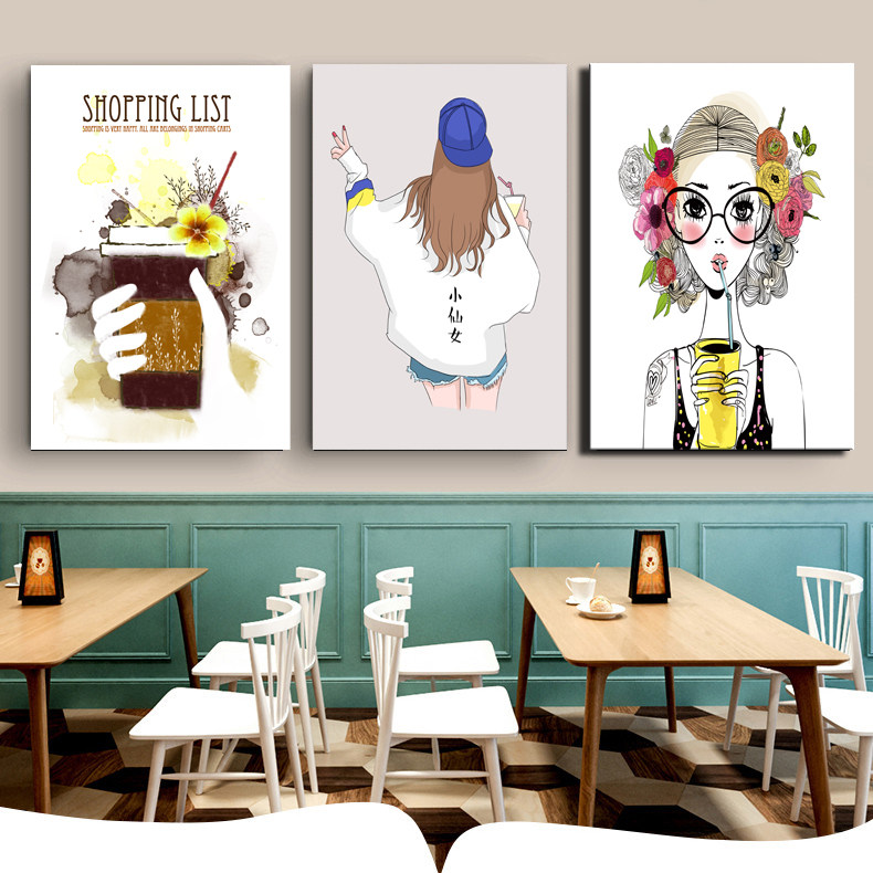 奶茶店背景墙壁装饰画冷饮店咖啡店创意个性人物挂画有框画可定制