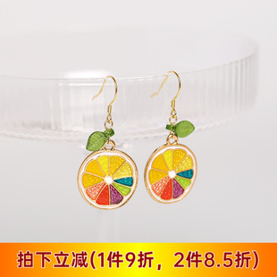 925銀原創(chuàng)可愛檸檬片不對稱耳環(huán)夏天耳飾水果少女無耳洞柿子耳夾