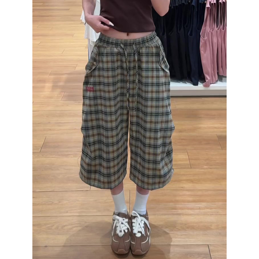 美式复古格子刺绣慵懒风七分裤女夏季新款松弛感阔腿裤休闲短裤子