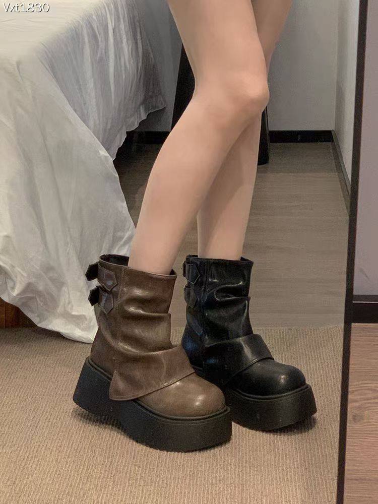 冬季厚底松糕炸街裤管靴秋冬新款堆堆靴真皮高跟设计感小众短靴女