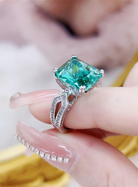 高订祖母绿正方钻彩宝戒指女ins冷淡风轻奢高级感直播小红书