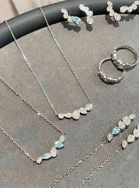 新款轻奢水滴型露珠微镶海蓝套装项链耳钉手链戒指微笑锁骨链气质