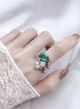 高订彩宝祖母绿戒指女叠戴食指戒开口可拆卸百搭气质时尚个性网红
