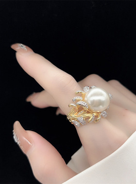 新品法式高级感花朵珍珠戒指女轻奢气质百搭优雅开口指环个性小众