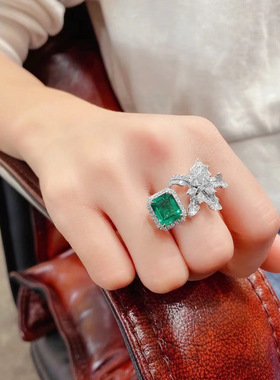 高级感彩宝棉絮祖母绿花瓣开口戒指女ins奢华气质百搭网红食指环