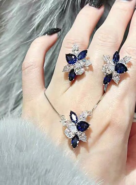 彩宝小众简约蓝宝石套装耳钉项链女轻奢高级感冷淡风百搭气质饰品