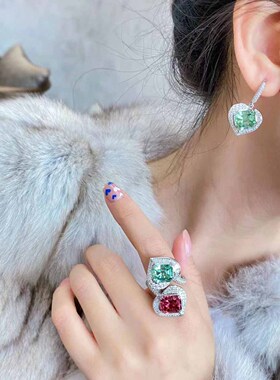 高级复古祖母绿红宝石彩宝耳环戒指心形开口ins冷淡风小红书爆款