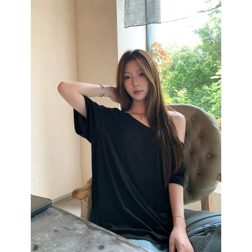 T恤女宽松显瘦斜露肩设计感上衣
