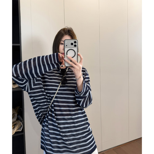 HVIVI 奶盖蓝条纹 宽松显瘦长袖防晒女慵懒垂感轻薄T恤上衣罩衫