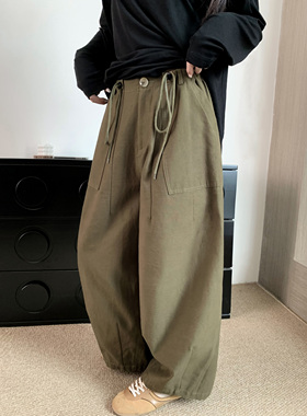 HVIVI 慵懒松弛感抽绳工装阔腿裤女美式廓形宽松直筒休闲伞兵裤