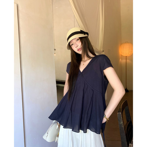 HVIVI「微风」短袖V领莱赛尔娃娃衫女轻盈后背纽扣设计感呼吸小衫