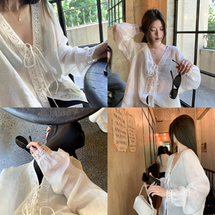 HVIVI「庄园茶会」苎麻V领花边长袖衬衫女宽松老钱刺绣防晒上衣夏