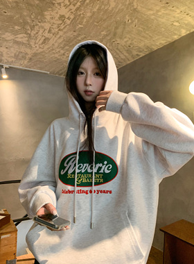 HVIVI 美式宽松贴布刺绣连帽卫衣外套女秋季休闲复古套头运动上衣