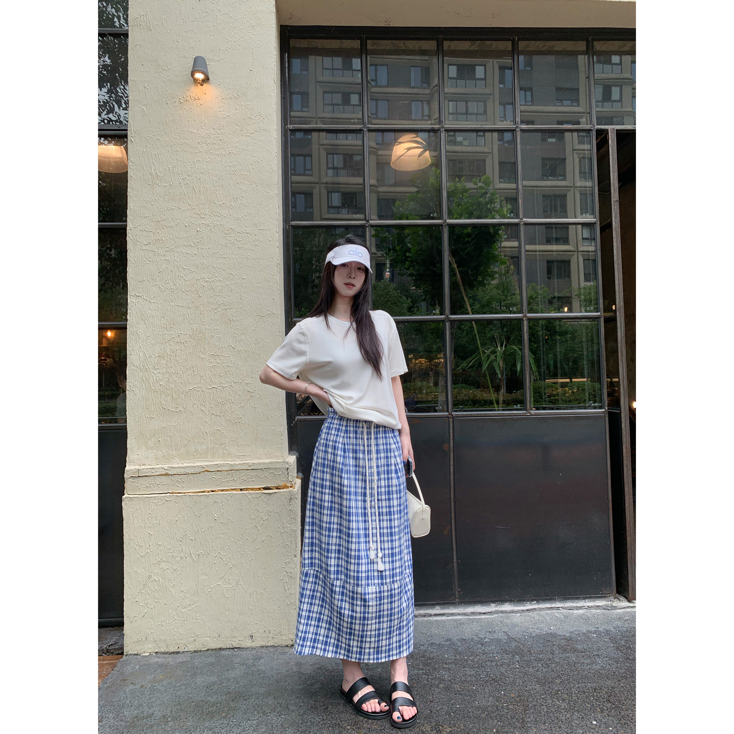 复古蓝白撞色假日休闲格纹半身裙