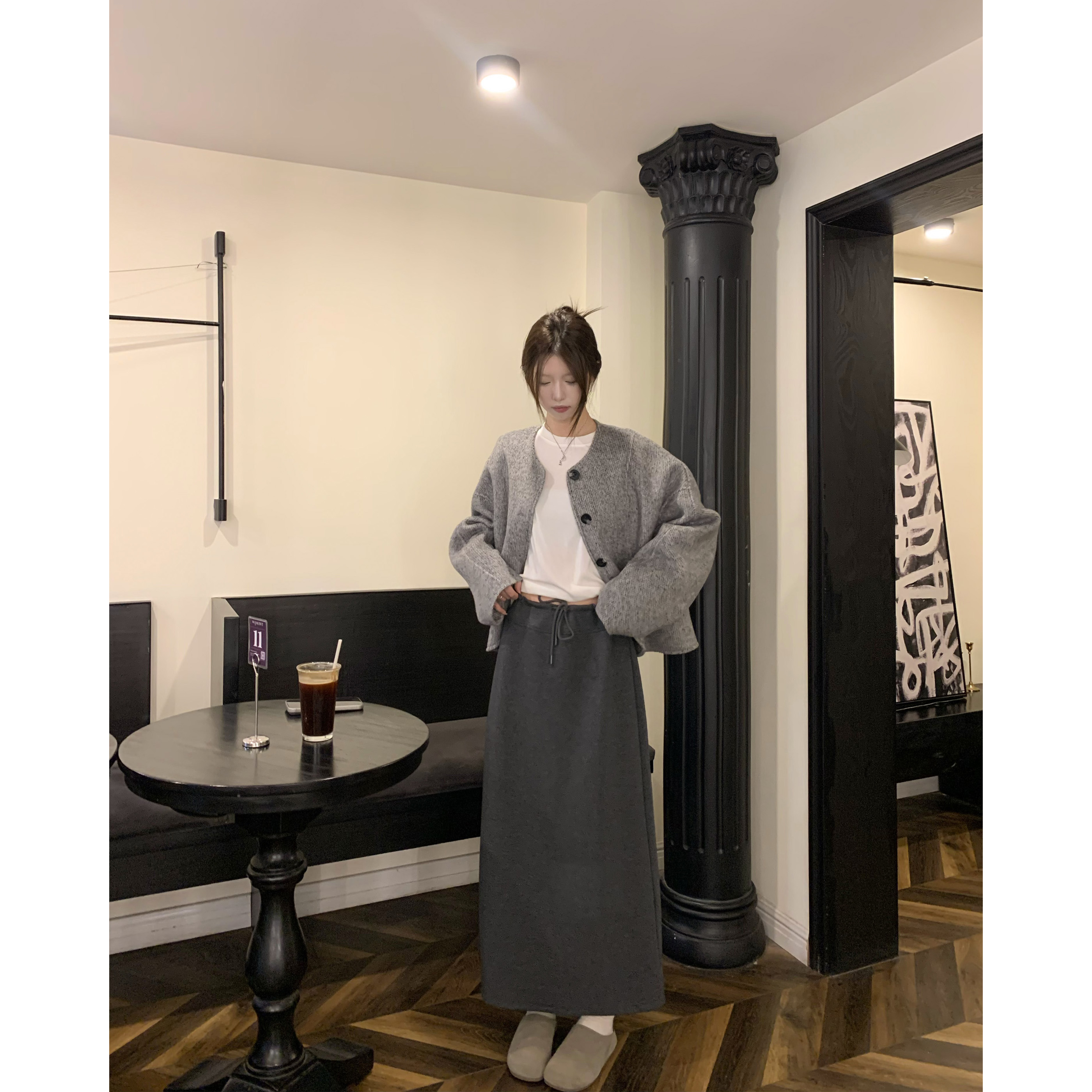 宽腰抽绳直筒裙宽松遮胯半身裙