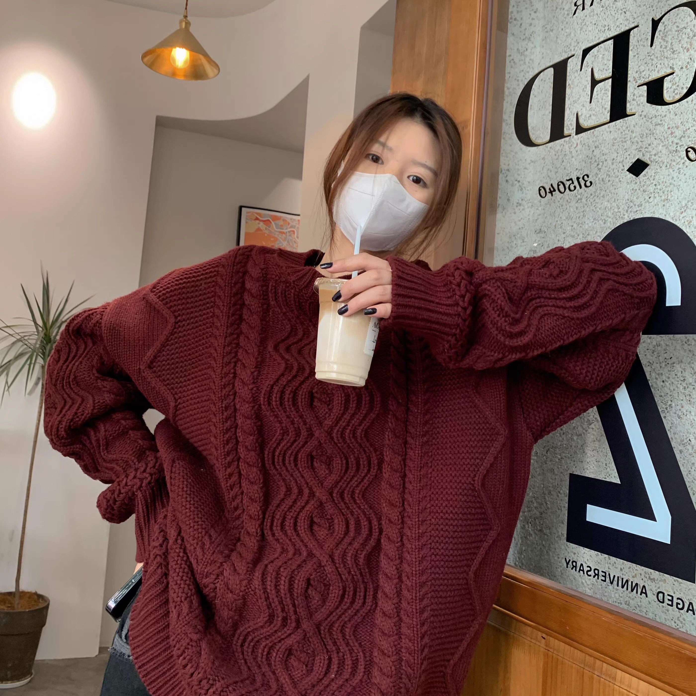 HVIVI宽松慵懒风软糯麻花毛衣女秋冬加厚中长款圆领针织衫上衣