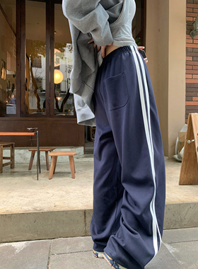HVIVI 条纹休闲运动裤女秋季美式复古宽松显瘦直筒收口两穿卫裤