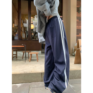 复古宽松显瘦直筒收口两穿卫裤 HVIVI 美式 女秋季 条纹休闲运动裤