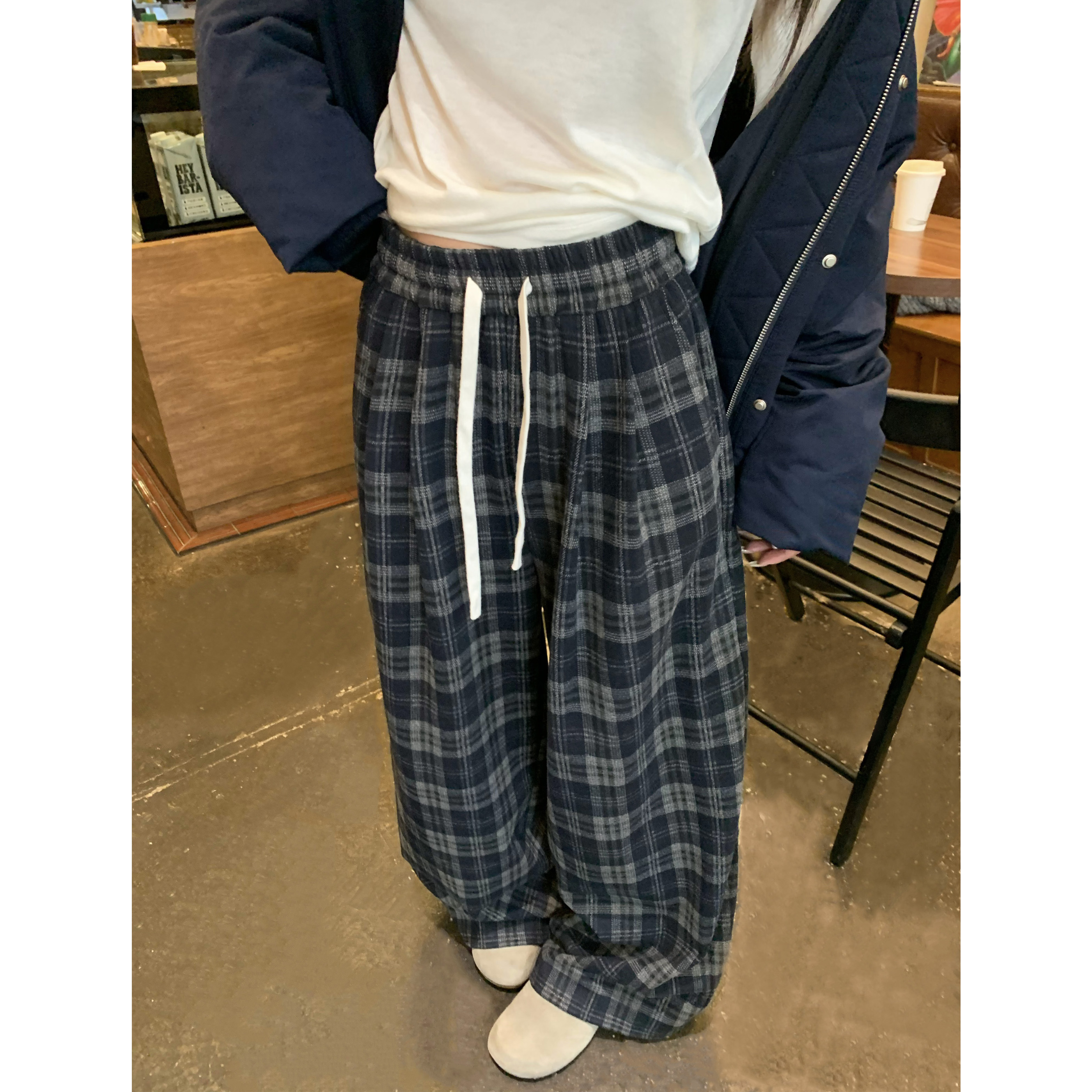 磨毛格子直筒休闲阔腿裤